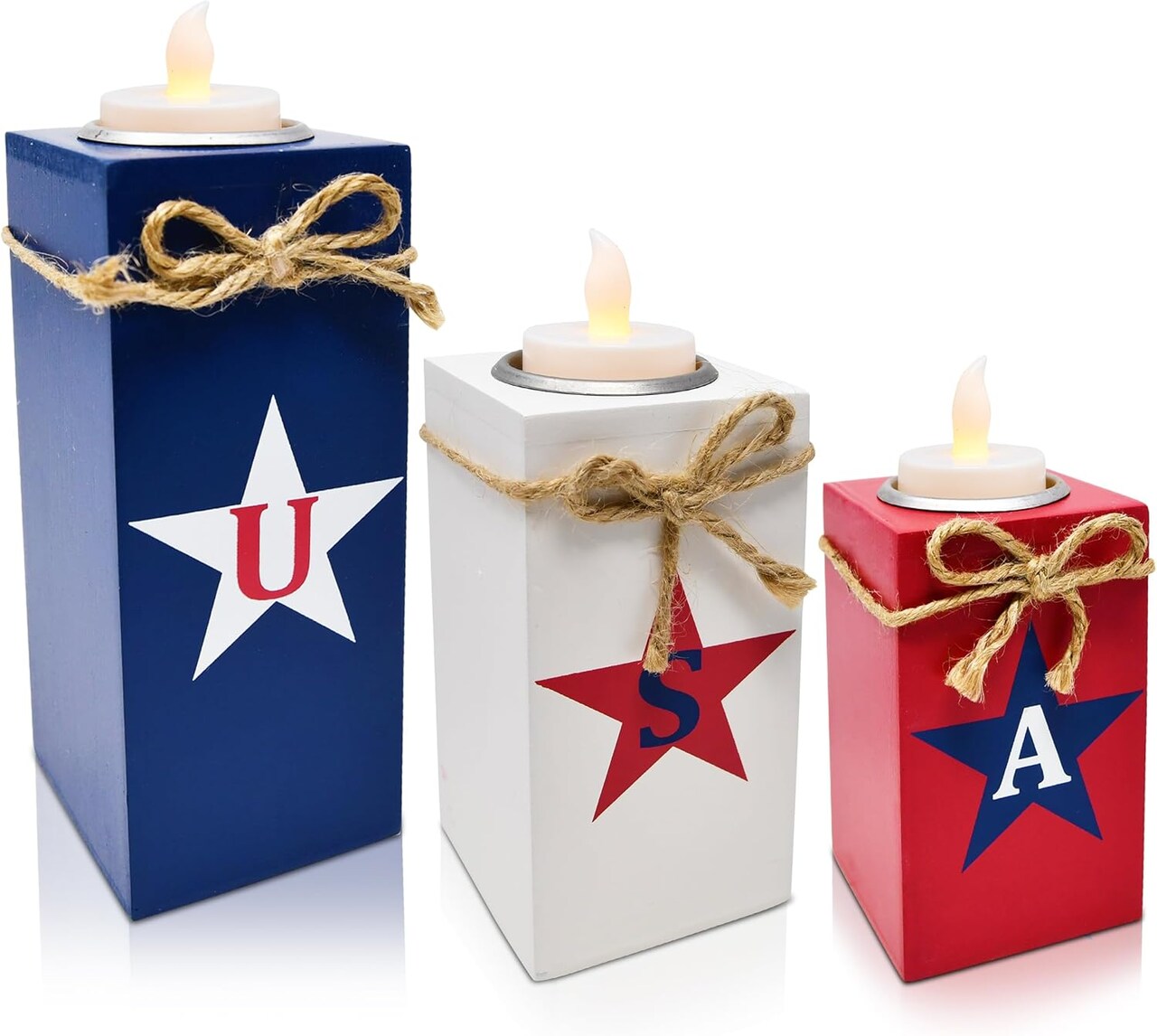 3 Patriotic Wooden Table Decorations 4th of July (Red Blue White)